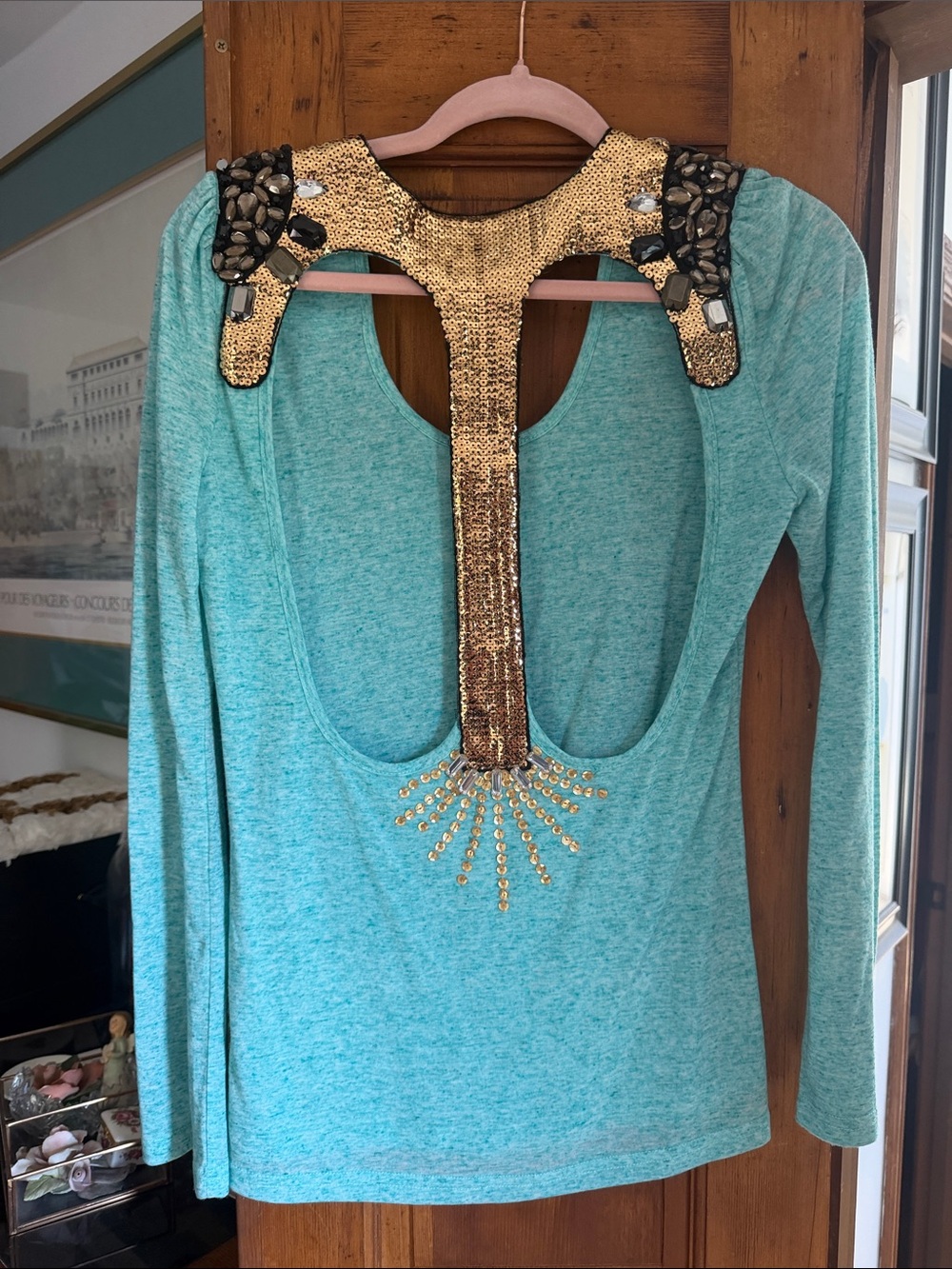 Meghan LA Turquoise Long-Sleeve Top with Gold Sequin Back Detail
